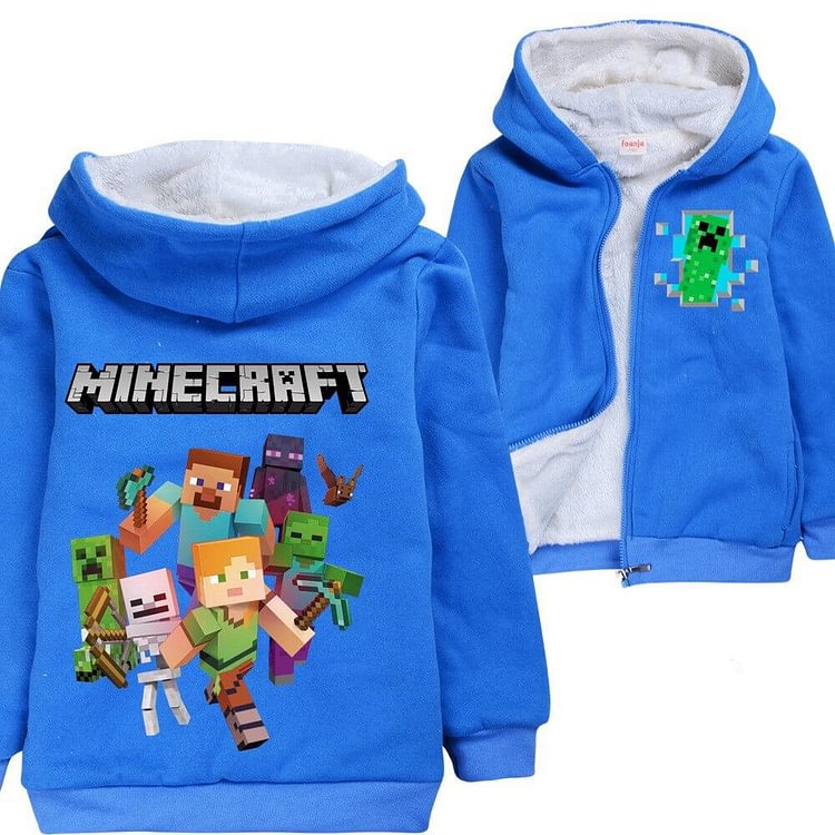Mayoulove Boys Blue Zip Up Fleece Lined Hoodie In Minecraft 10 Edition Print-Mayoulove