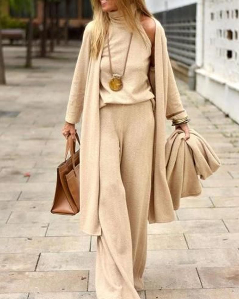 Women's Casual fashion long oversize apricot three-piece suit Knitted Dress MusePointer