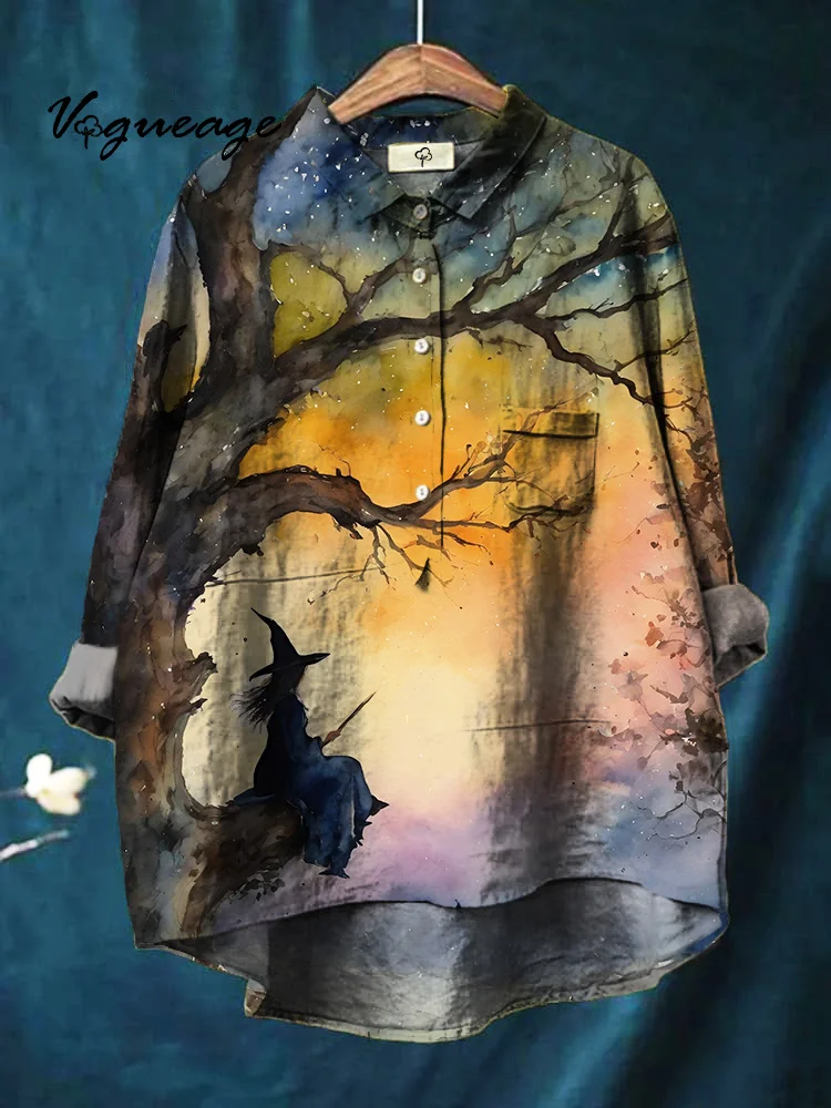 Witch Sitting On The Book Tree Looking Into The Distance Printed Cotton And Linen Shirt