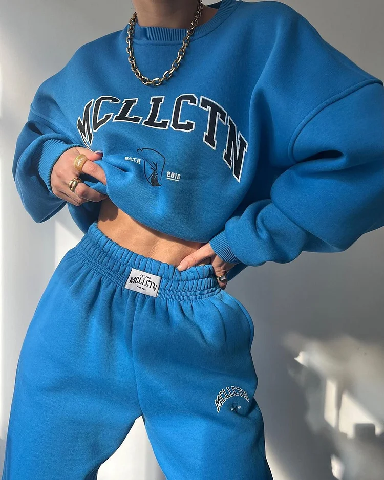 Letter Printed Thickened Suit Plus Velvet Sweatshirt Long-Sleeved Pants Suit at Hiphopee