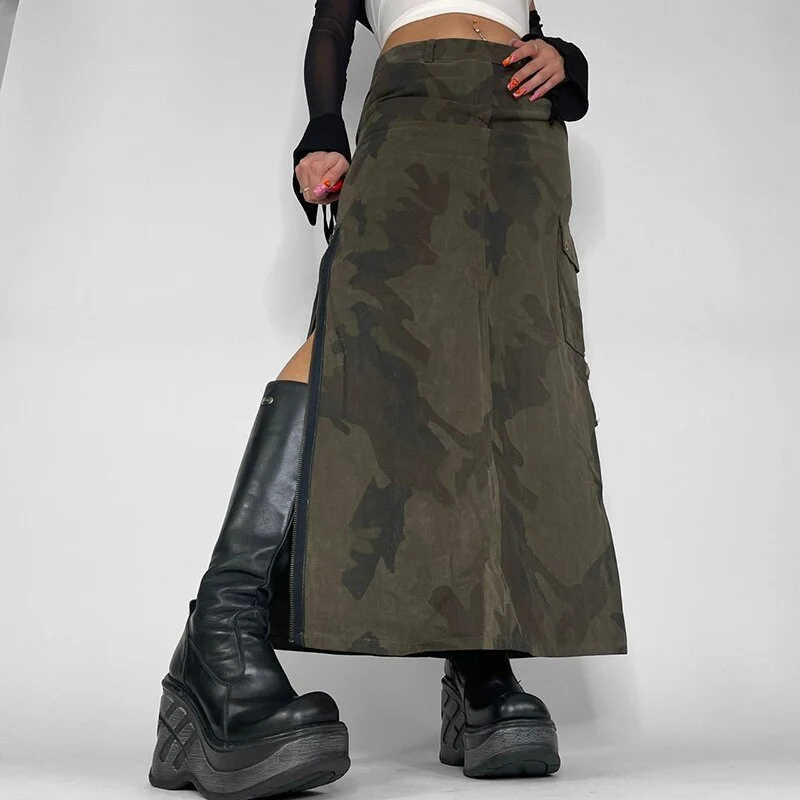 Brownm Camouflage Women Cargo Long Skirt Slit Zipper Grunge Fairycore Maxi Skirt Harajuku Casual Streetwear Y2K Techwear