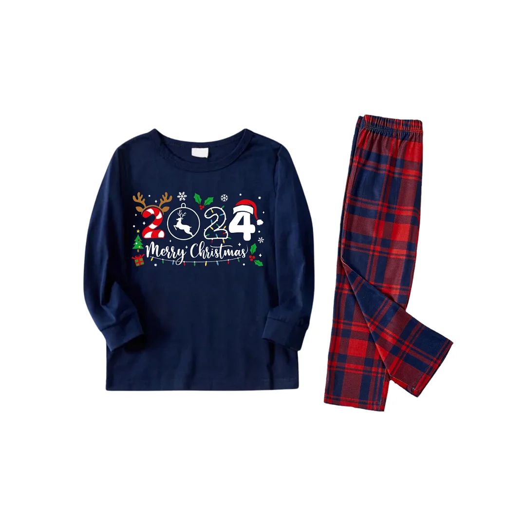 "Merry Christmas 2024" Text Prints Blue Long Sleeves Top with Red and Blue Plaid Pants Christmas Matching Pajamas