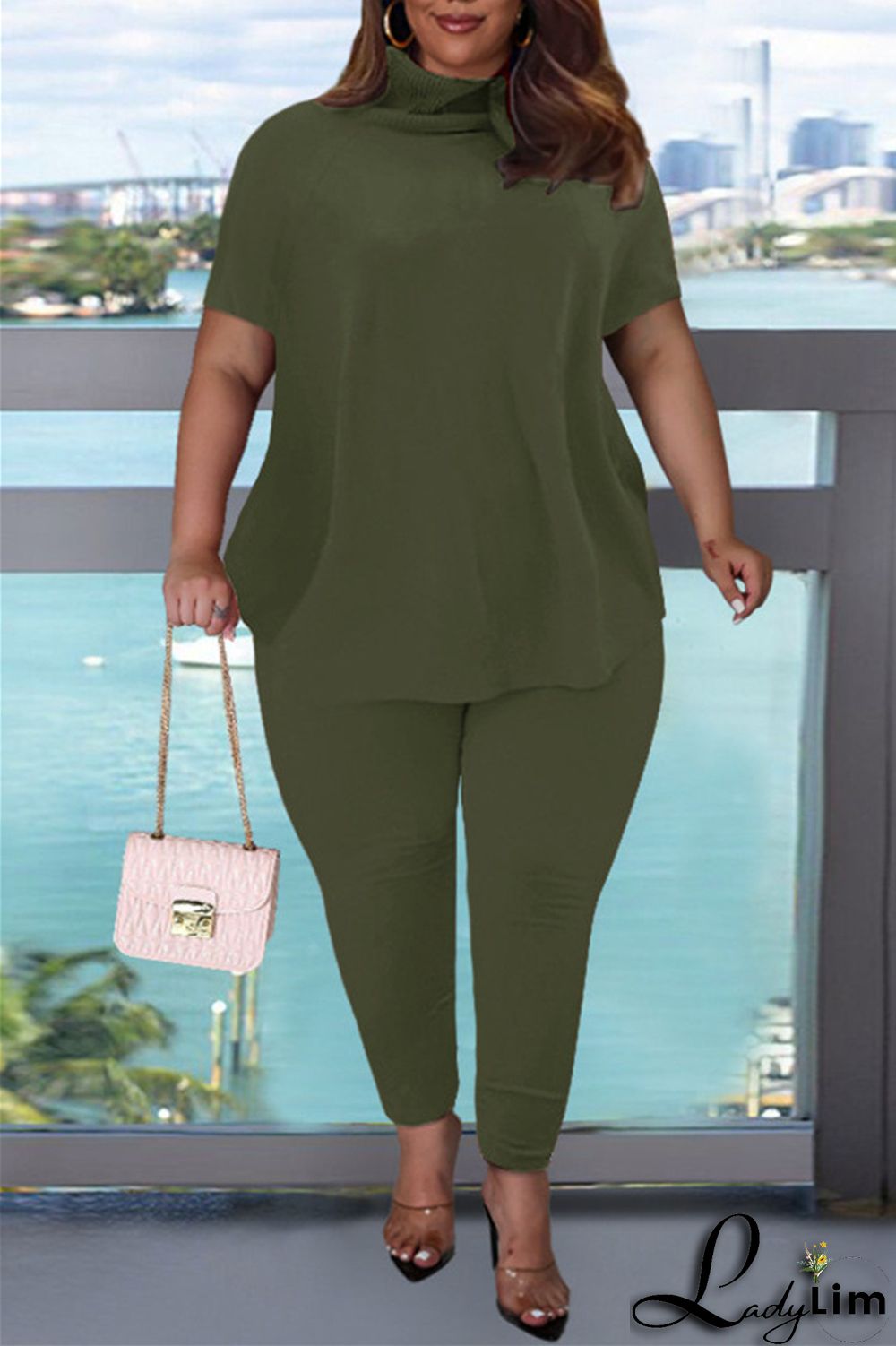 Pink Fashion Casual Solid Basic Turtleneck Short Sleeve Two Pieces