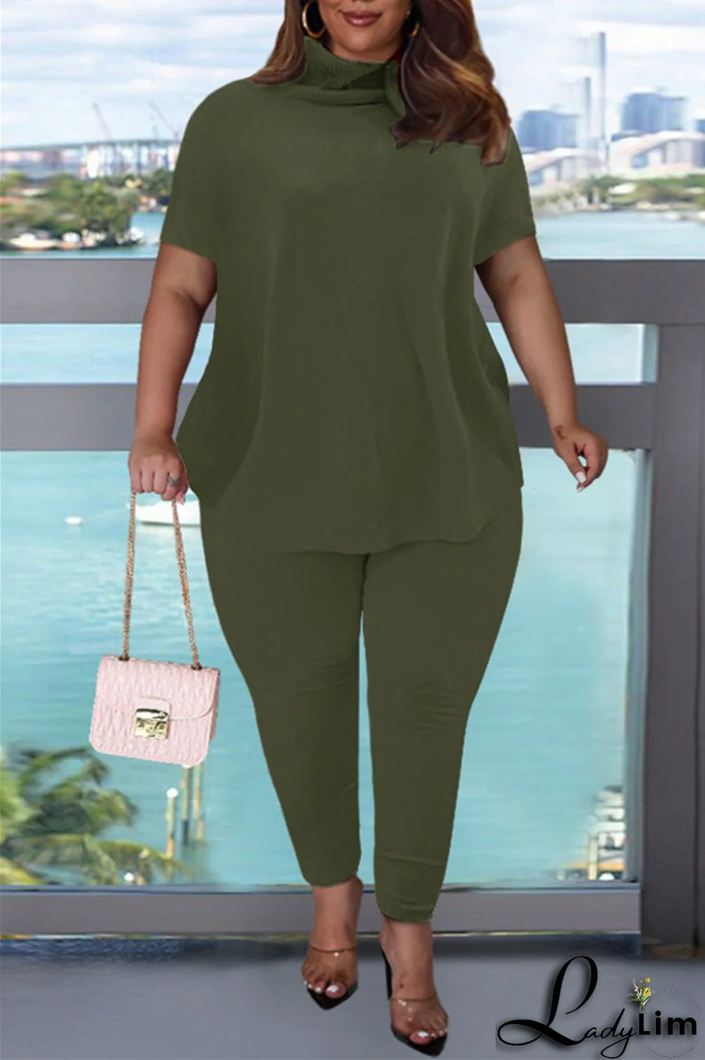 Pink Fashion Casual Solid Basic Turtleneck Short Sleeve Two Pieces