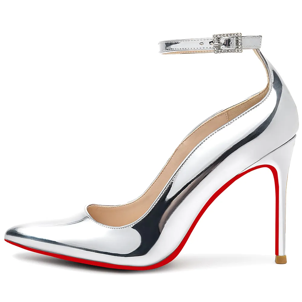 100mm Women's Wedding Party Heels Classic Color Red Bottom Patent Ankle Strap Pumps -vocosishoes