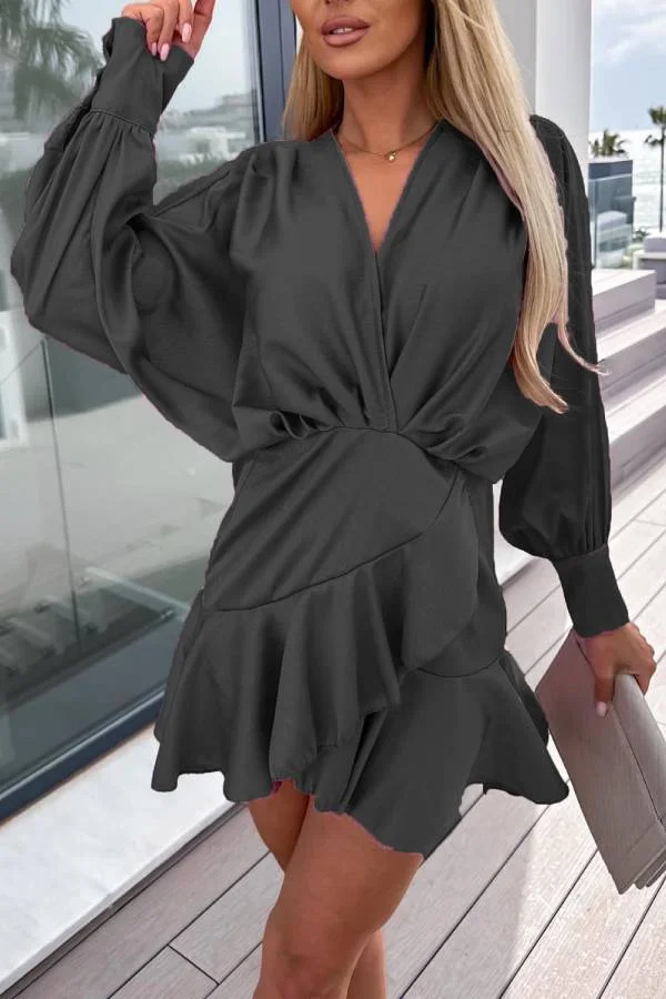 Waist V-neck solid color satin dress