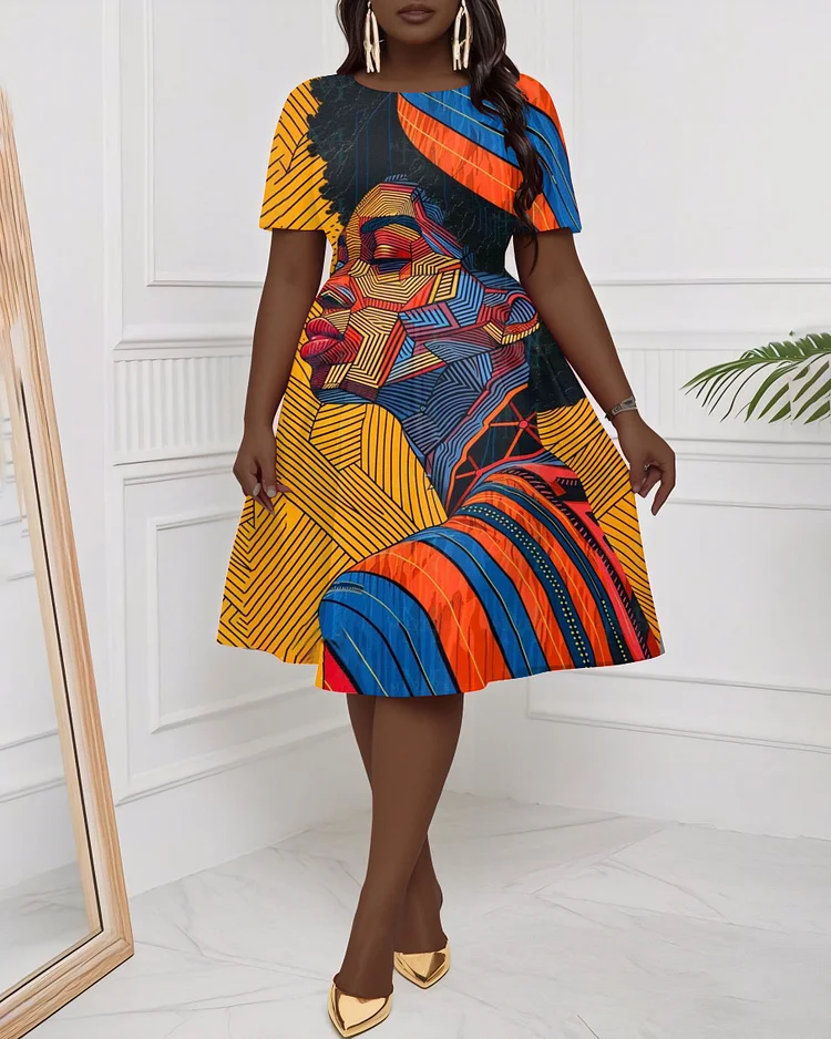 Line Face Girl Illustration Short Sleeve Midi Dress