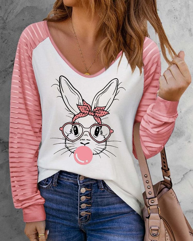 Cute Bunny Rabbit With Bandana Glasses Bubblegum V-neck Casual Sweatshirt