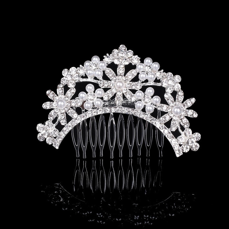 Bridal Crown Flower Alloy Plating Hollow Out Inlay Rhinestones Pearl Insert Comb 1 Piece