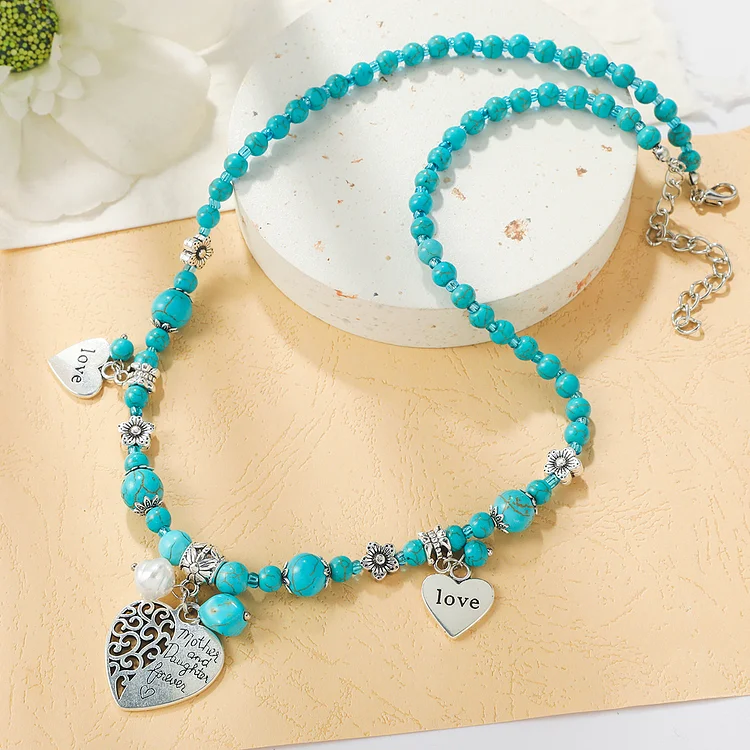 Women Turquoise Long Beaded Necklace Vintage Ethnic Mother and Daughter Necklace Jewelry