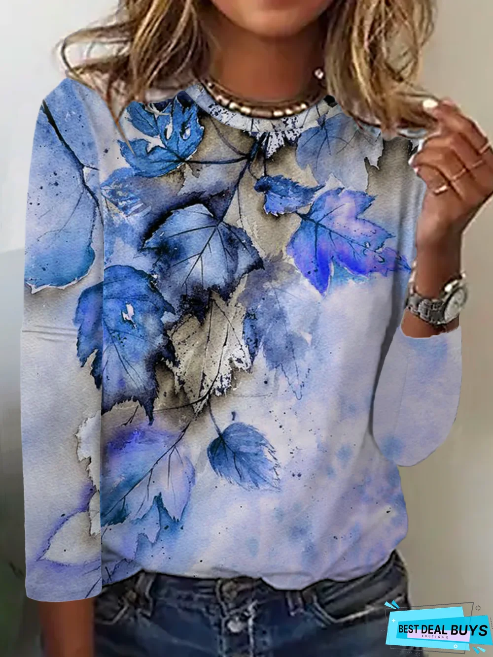 Leaf Printed Long Sleeve Casual T-Shirt