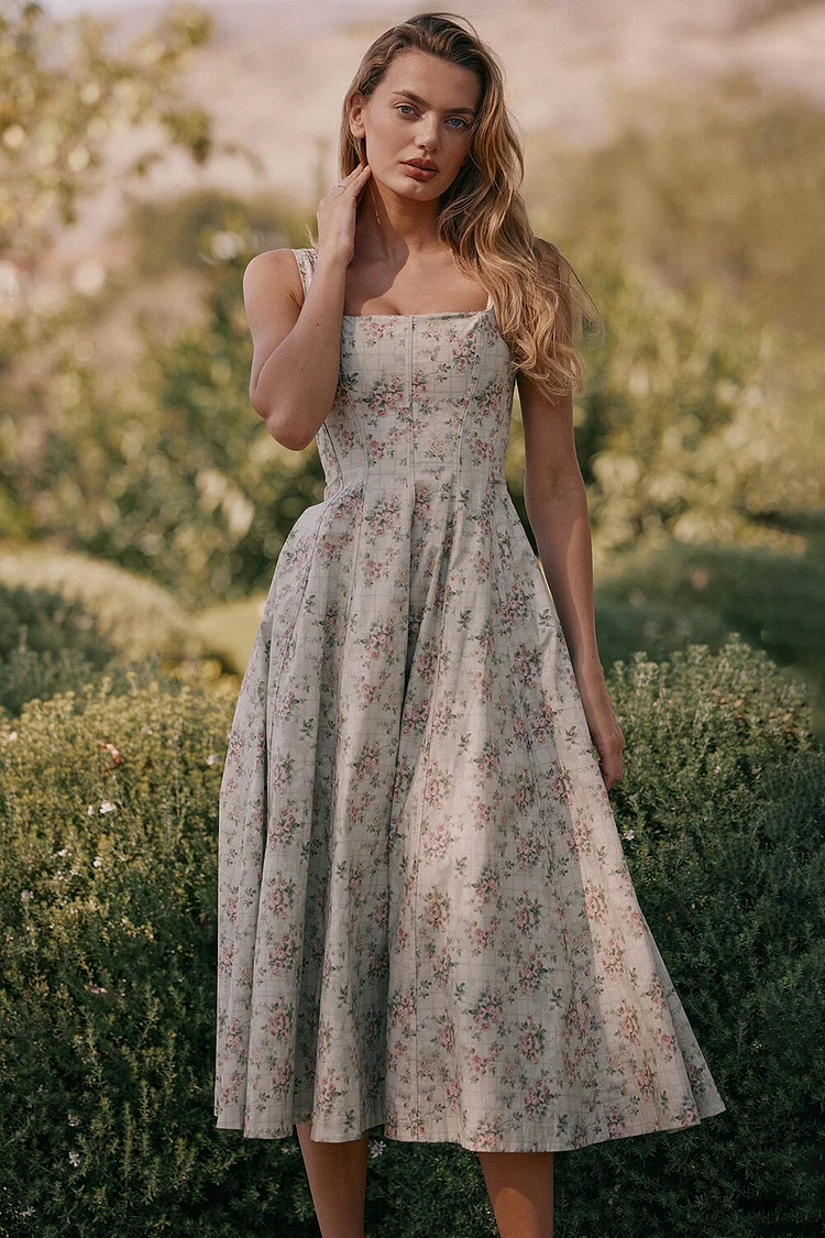 Floral Print Square Neck Cinch Waist Midi Tank Dresses-Green [Pre Order]