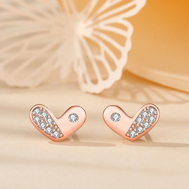 1 Pair Minimalist Heart Shape Flower Inlay Sterling Silver Zircon Ear Studs