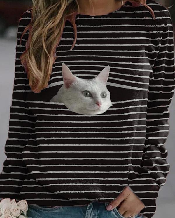 Cat Print Long Sleeve Casual Striped Sweatshirt For Women - Chicaggo