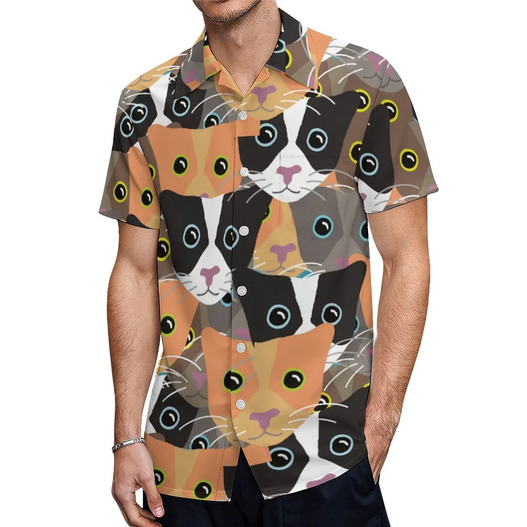 Kitten Silhouette Watercolor Cat Faces Glasses Hawaiian Shirt Mens Button Down Plus Size Tropical Hawaii Beach Shirts