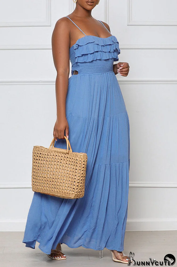 Blue Sexy Solid Bandage Split Joint Backless Stringy Selvedge Spaghetti Strap Straight Dresses