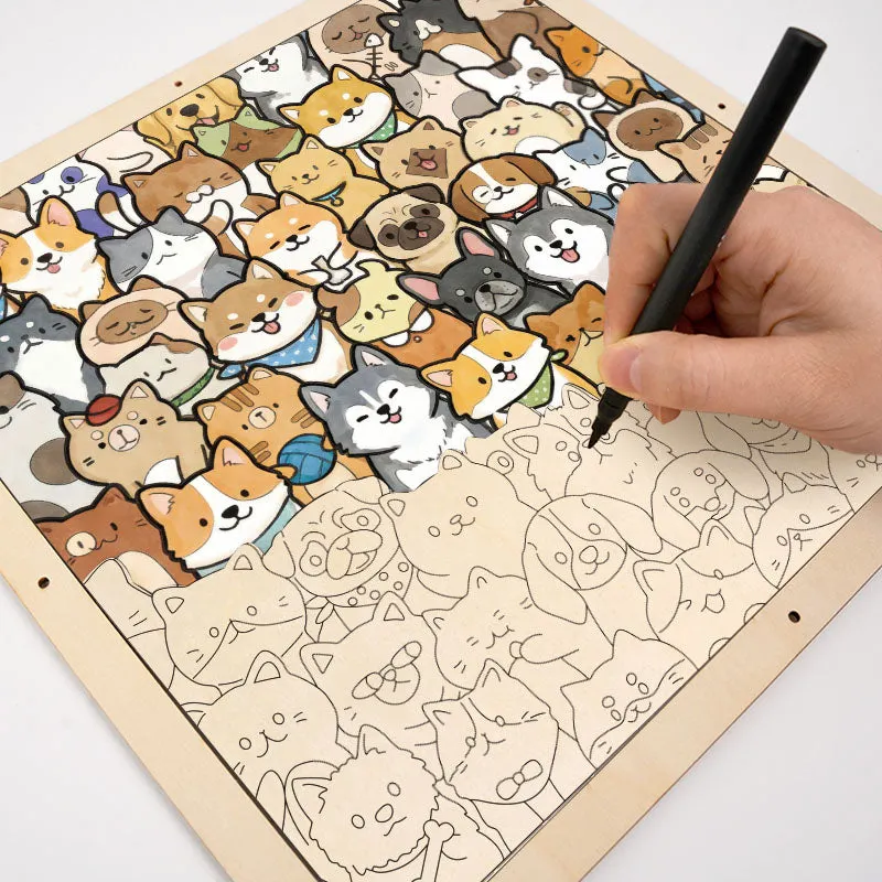 A hand coloring the wooden puzzle