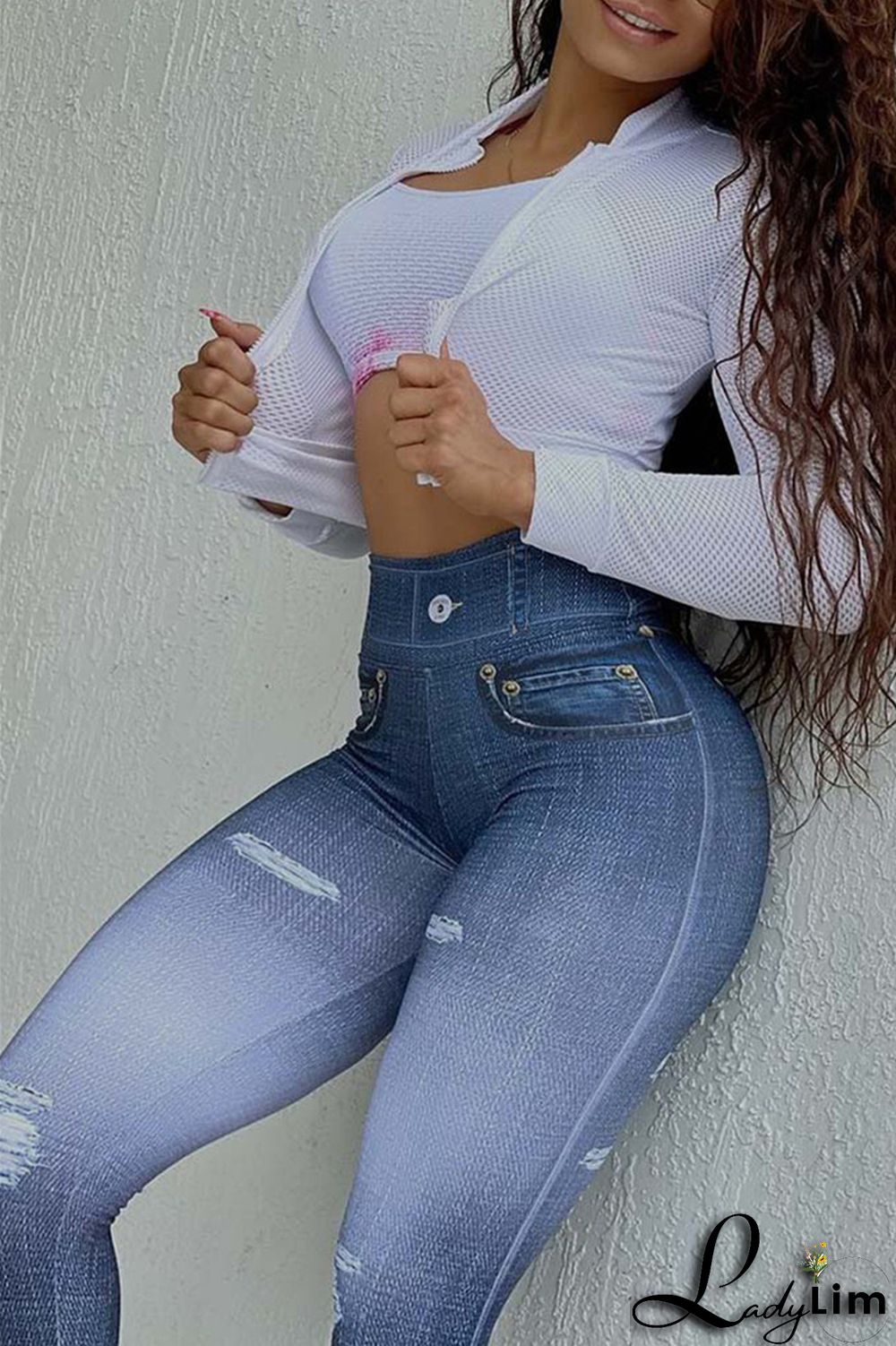 Blue Fashion Casual Sportswear Print Split Joint Skinny High Waist Pencil Trousers