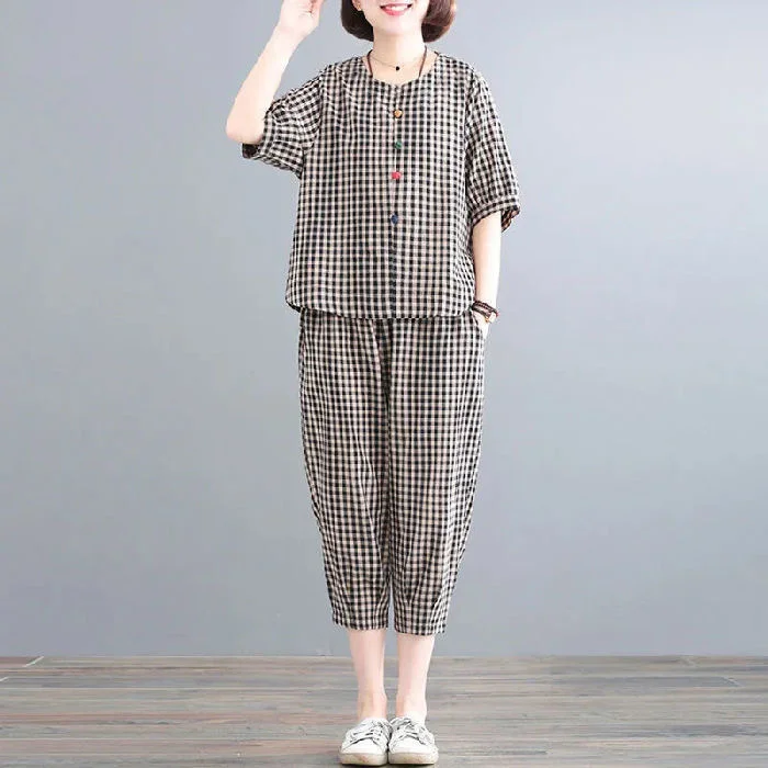 Uveng Uveng Cotton Loose Large Size Women's Foreign Style Retro Two Sets Of Temperament Female Casual Grid Suit Female 2023 Summer Tide