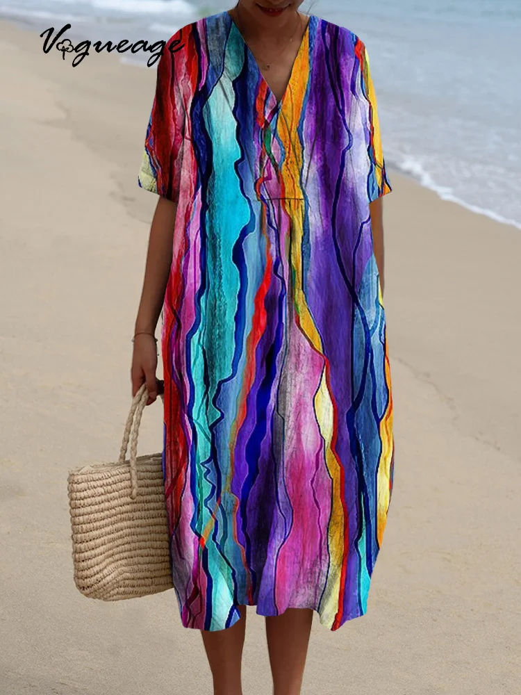 Gorgeous Color Stripes Printed Women's Casual Cotton And Linen Dress