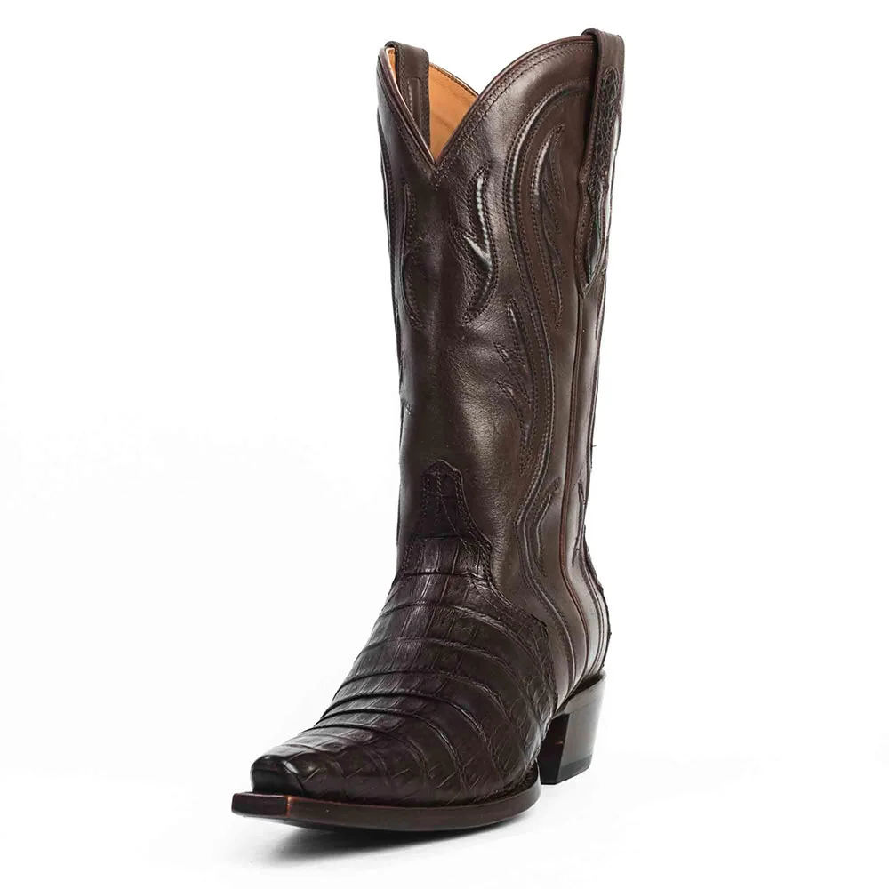 Chic Brown Snip Toe Chunky Heel Croc Embossed Western Boots for Women