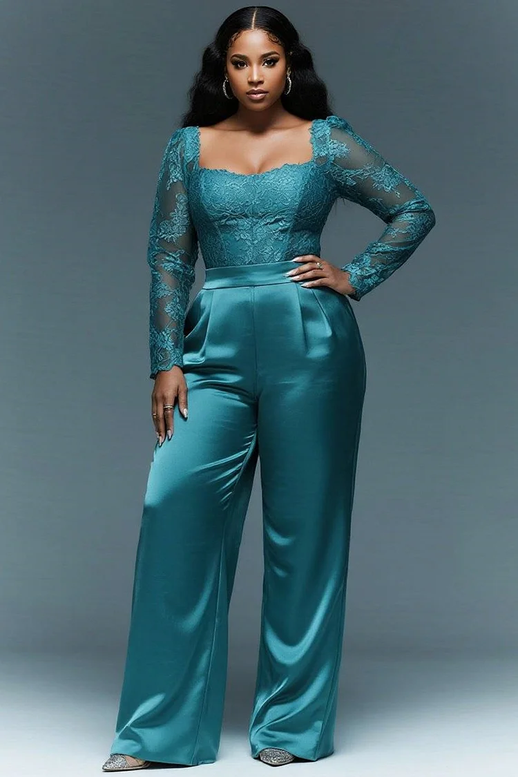 Xpluswear Design Plus Size Business Casual Blue Square Neck Long Sleeve See Through Satin Lace Two Piece Pant Sets [Pre-Order] 2024 - Xpluswear