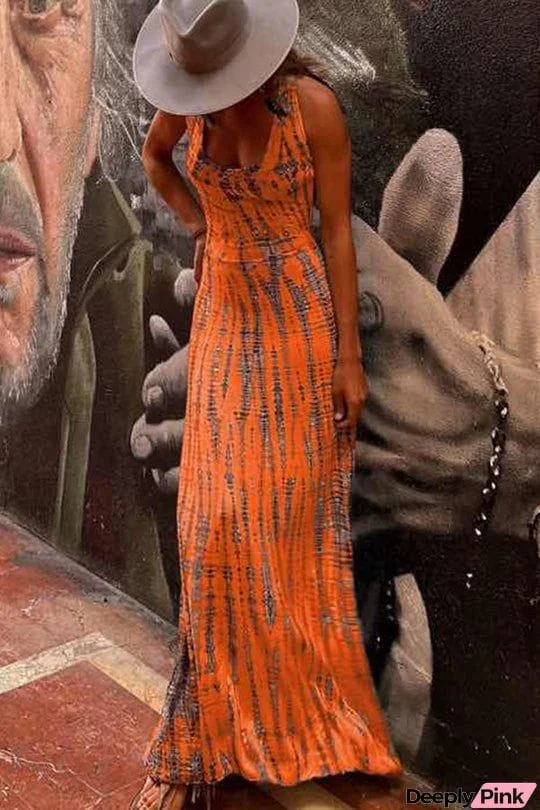 Modern Day Tie-dye Print Back Lace-up Stretch Maxi Dress