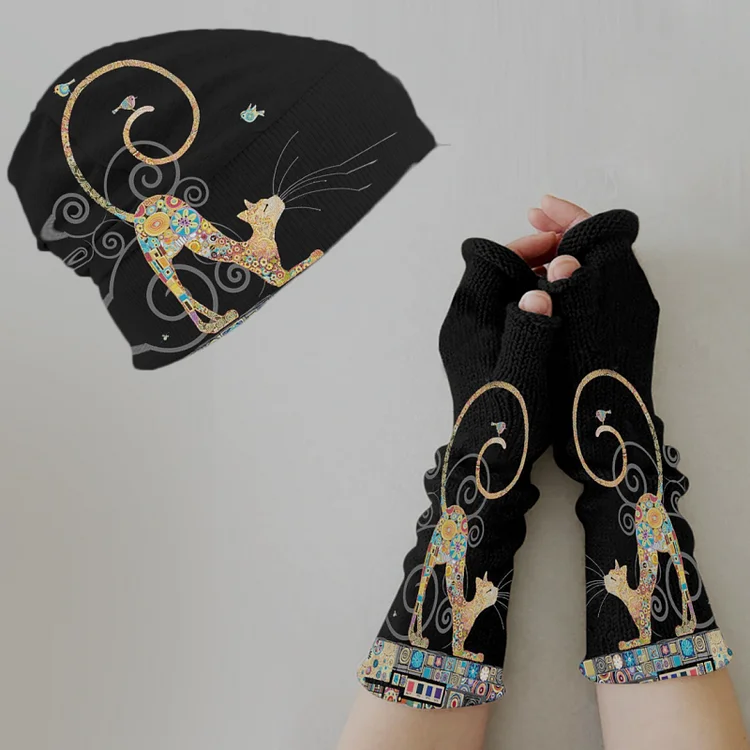 （Ship within 24 hours）Vintage print knitted hat + fingerless gloves set