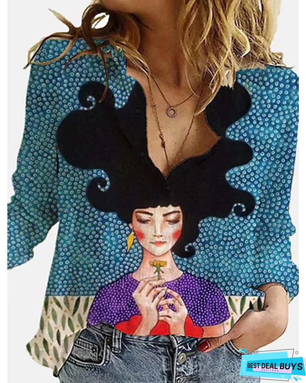Women's Blouse Shirt Portrait Long Sleeve Print Shirt Collar Tops Basic Top Blue Green