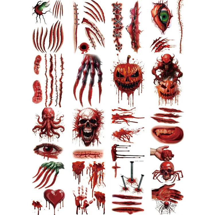 16 Sheets Halloween Scary Scar Temporary Tattoo Stickers