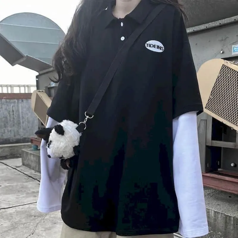 2021 T Shirt Women Tshirt New Long-sleeved T-shirt Students Korean Loose Fake Two-piece Letter Embroidery Polo Collar Top Trend