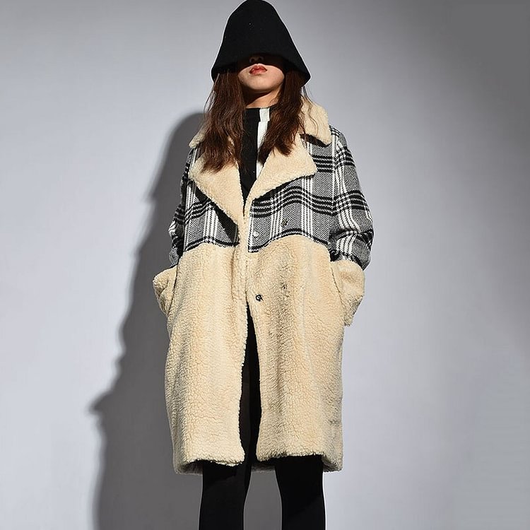 Fashion Turn-down Collar Plaid Patchwork Lambswool Long Sleeve Coat 