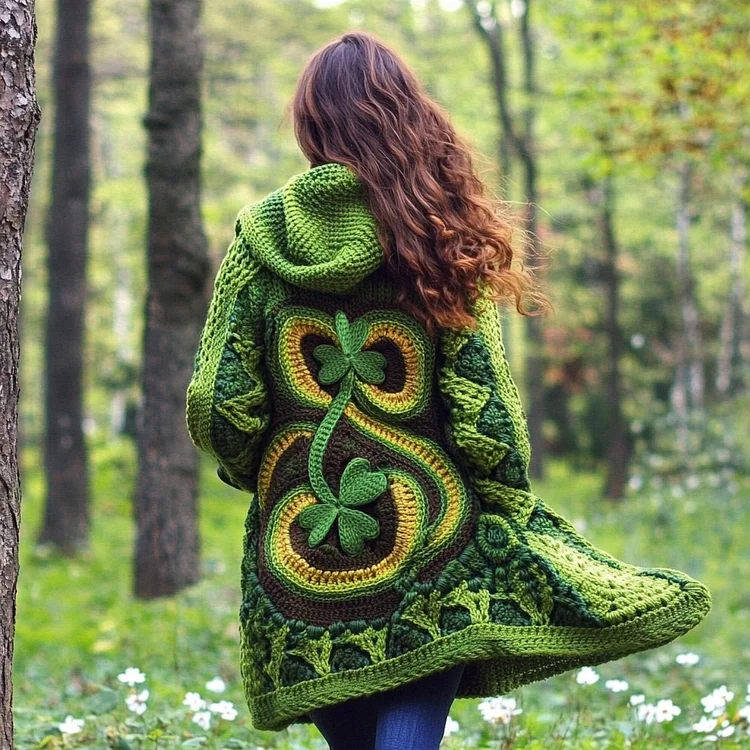 Women's St. Patrick's Clover Design Jacquard Hooded Cardigan Sweater