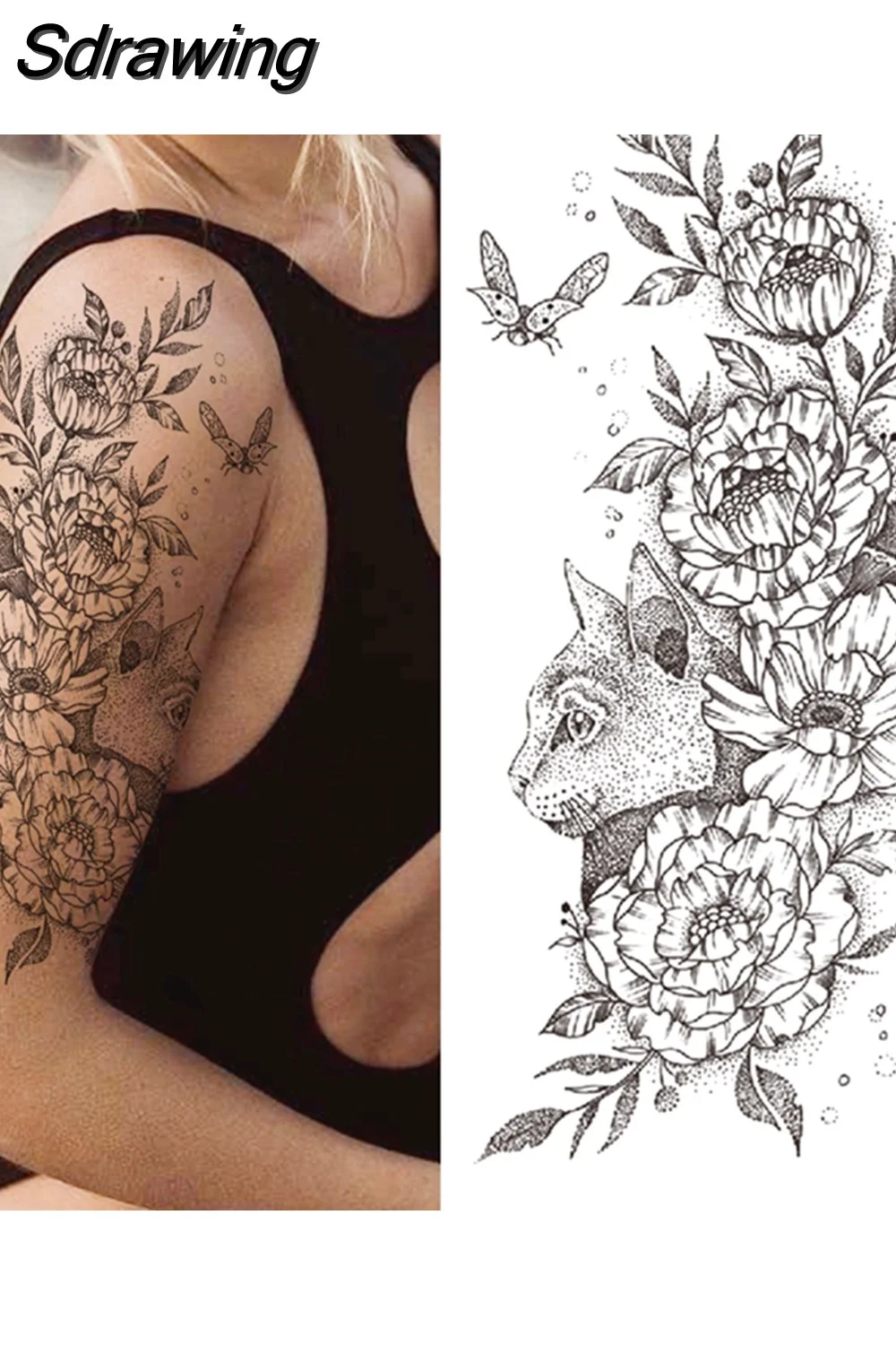 Sdrawing Fake Peony Temporary Tattoos For Women Girl Black Rose Elephant Flower Tattoo Sticker Tiger Anemone Tatoos Half Sleeve 521-1