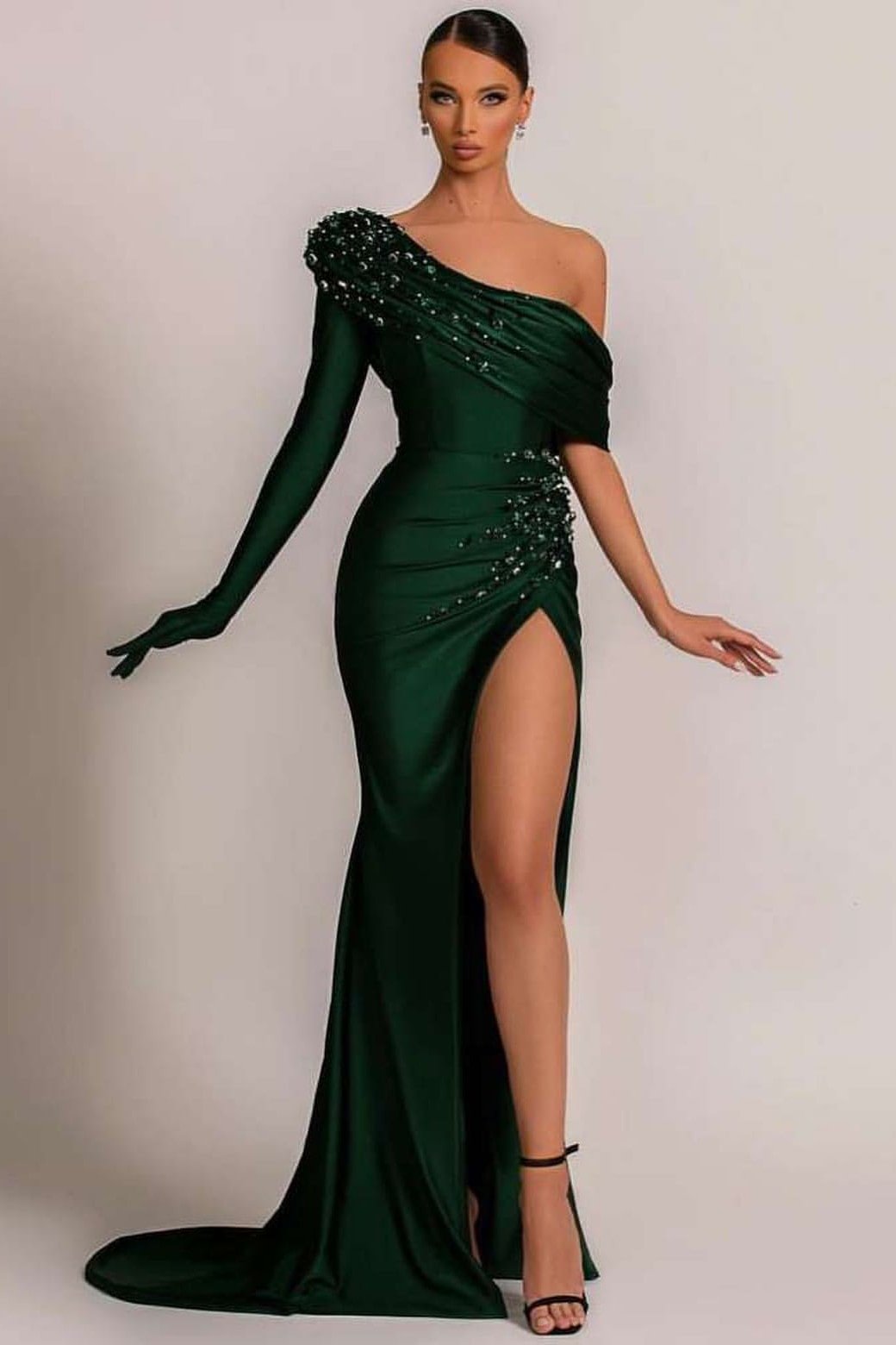 Beautiful Dark Green One Shoulder Long Sleeve Evening Dress With  Beaded Mermaid Split | Ballbellas Ballbellas