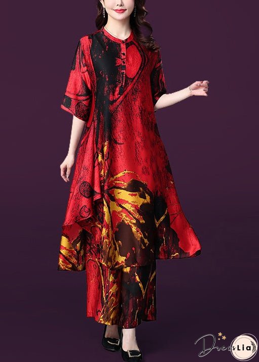French Red Asymmetrical Design Print Silk Dress And Wide Leg Pants Two Pieces Set Summer