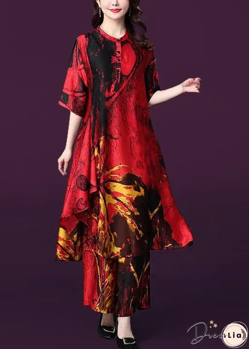 French Red Asymmetrical Design Print Silk Dress And Wide Leg Pants Two Pieces Set Summer