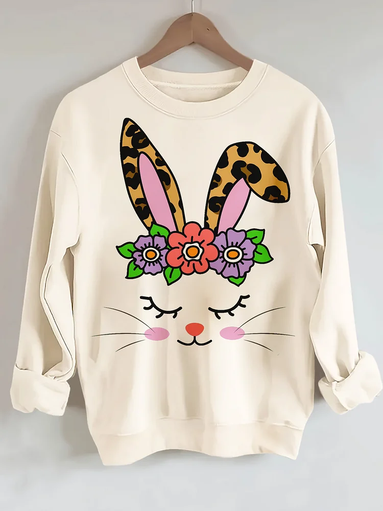 Women's Cute Rabbit Easter Print Cotton Long Sleeve T-Shirt Thin Sweatshirt