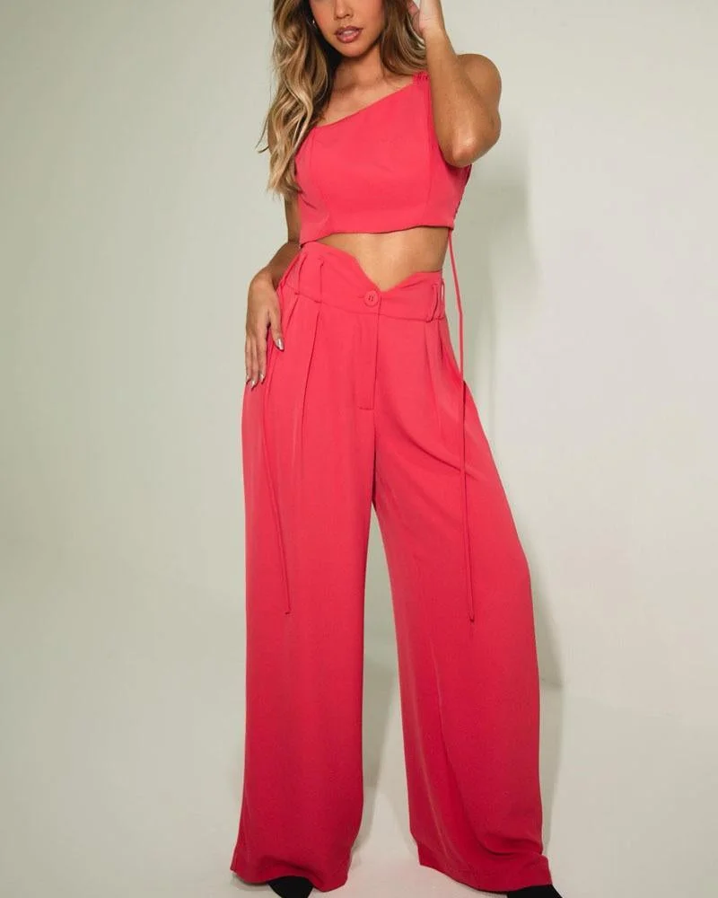 One Shoulder Simple Casual Pants Set