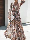 Retro Print V-Neck Long Sleeve Loose Empire A-Line Maxi Dress