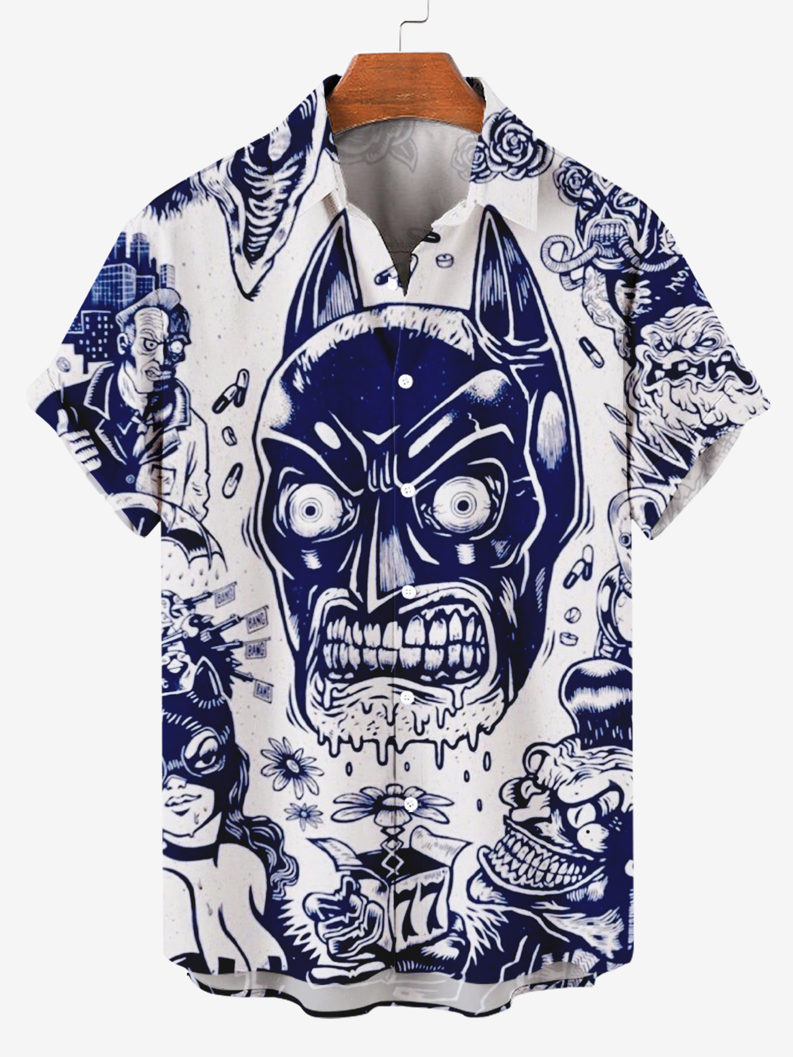 Men's Shirt Collar Blue Mask Print Hawaiian Casual Short Sleeve Shirt PLUSCLOTHESMAN