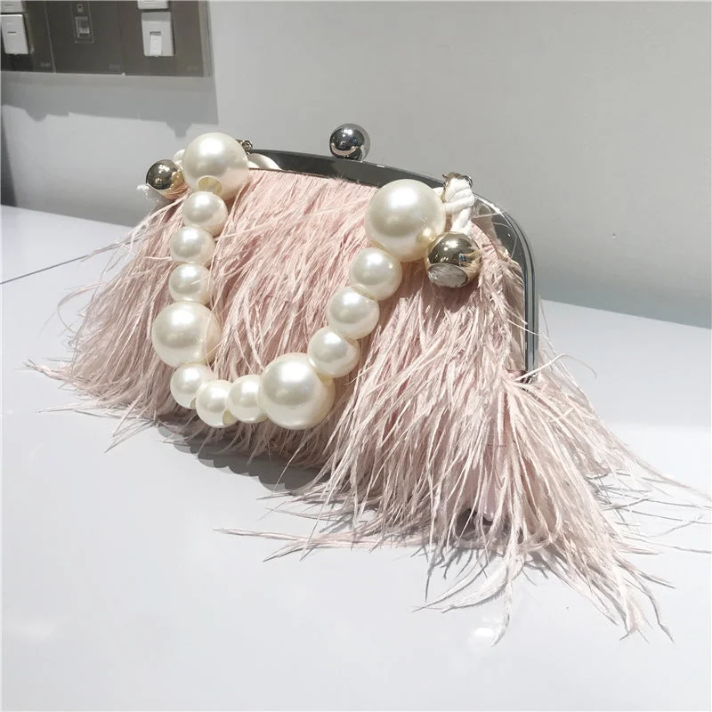 Evening Bag Ostrich Fur Pearl Chain Clutch Bag