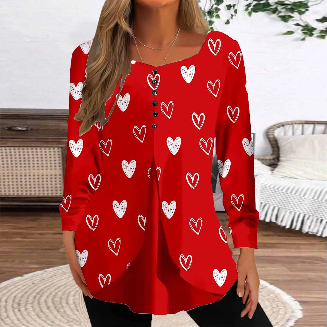 Women Graphic,Red DZGG8259 Long Sleeve Scoop Neck Printed Graphic Button Fake 2in1 Tops