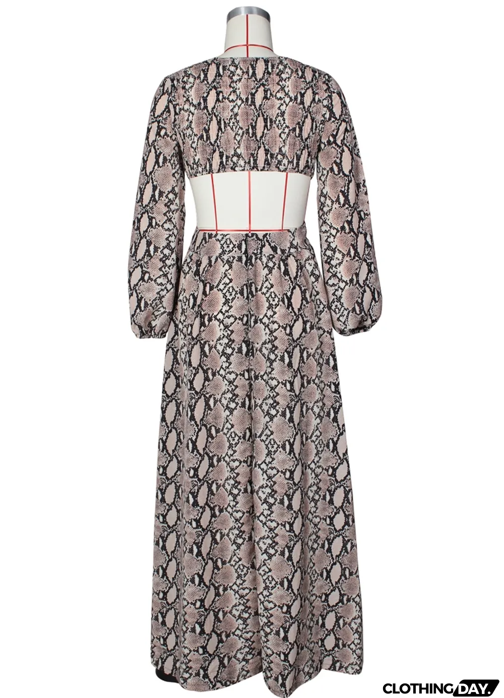 Autumn Formal Snake Skin V-Neck Long Sleeve Maxi Dress
