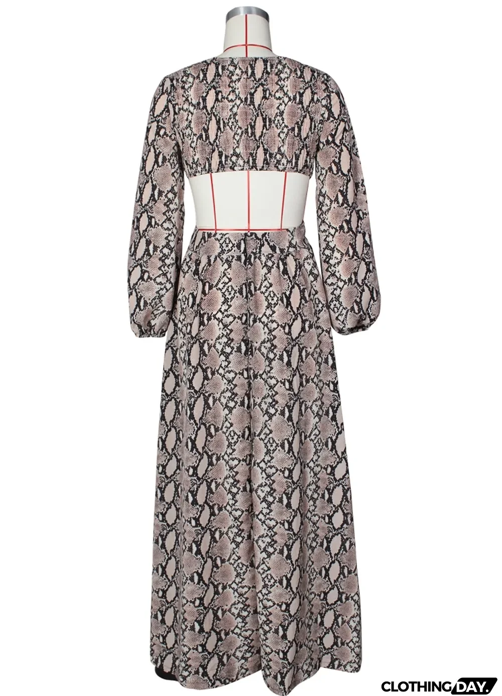 Autumn Formal Snake Skin V-Neck Long Sleeve Maxi Dress