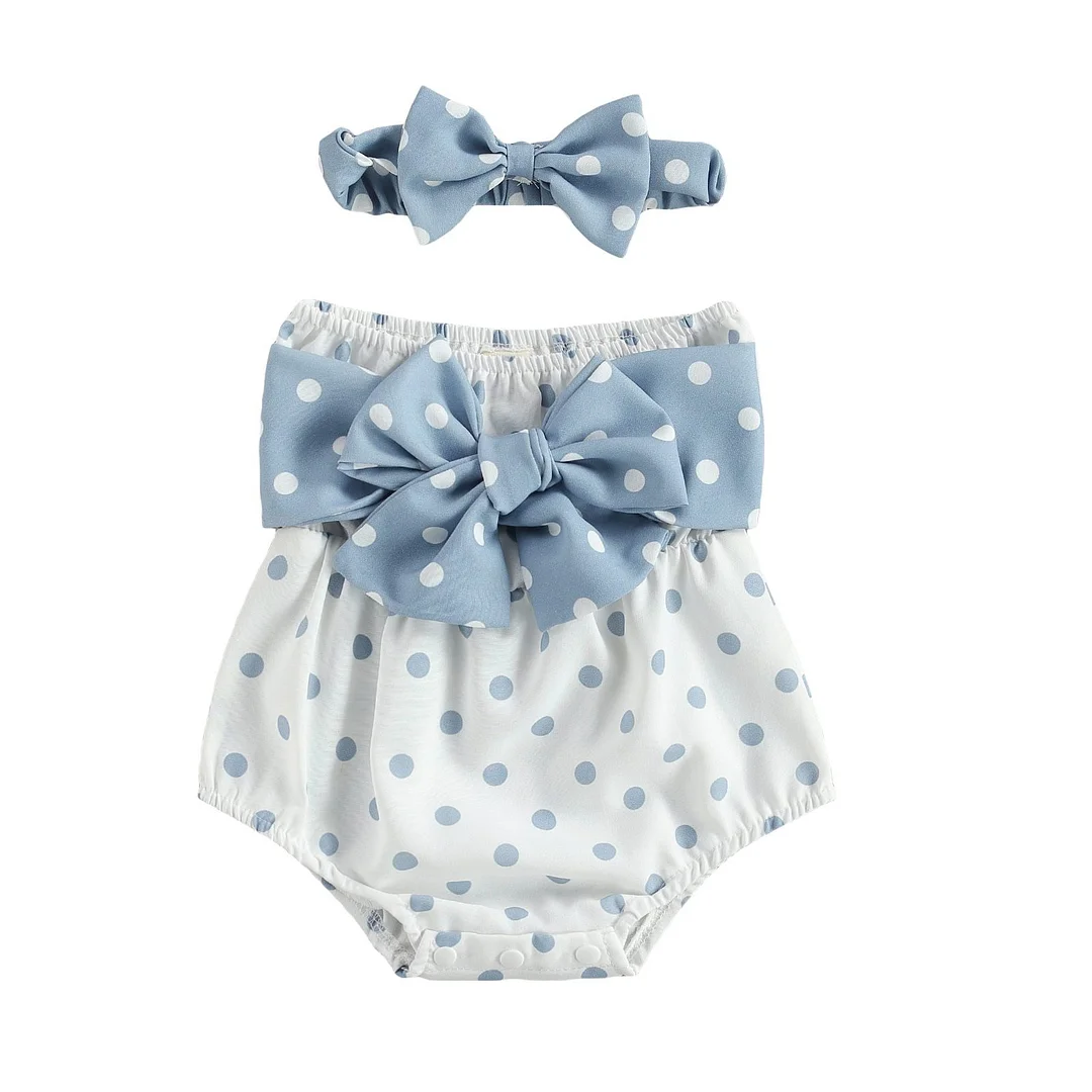 2 Pcs Newborn Infant Strapless Jumpsuits Bowknot Outfits, Baby Girl Strapless Polka Dots Print Boat Neck Romper + Headband