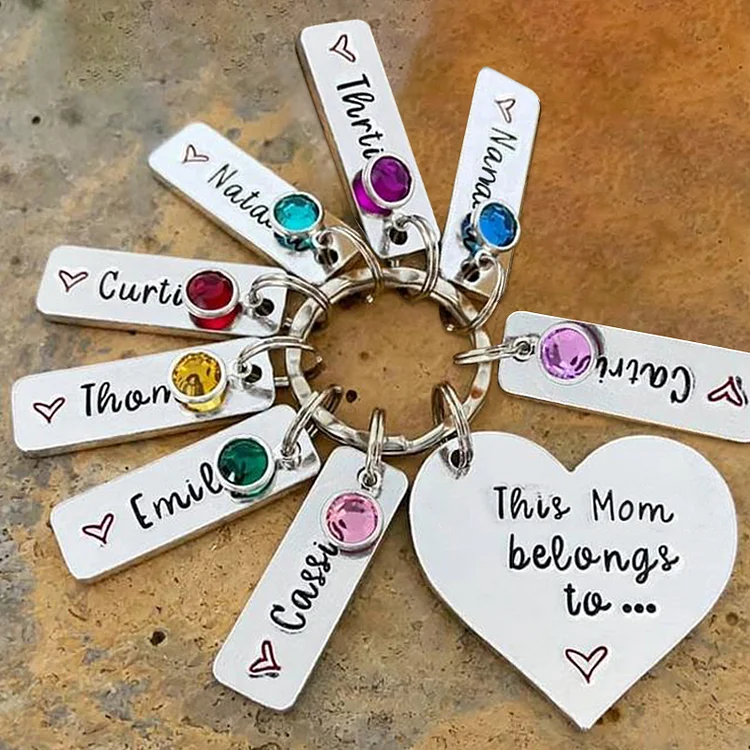 Personalized Keychain With Engraved 8 Names and 8 Birthstone Crystals - Mother's Day Gift