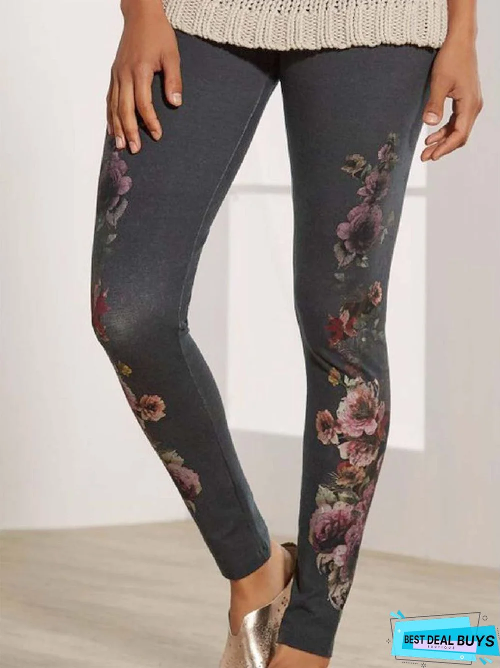 Deep Gray Printed Cotton-Blend Casual Leggings