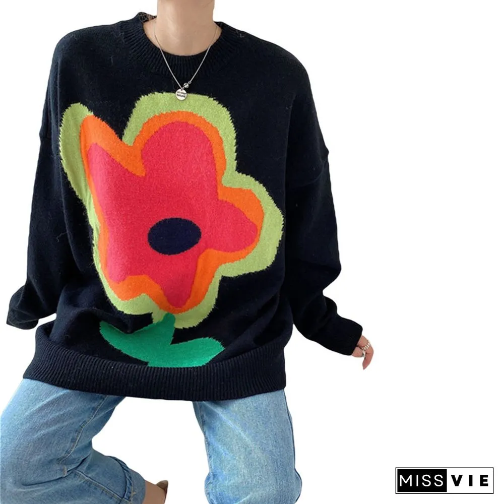 Womens sweaters Winter long sleeve flower sweater Oversized pullover tops Casual