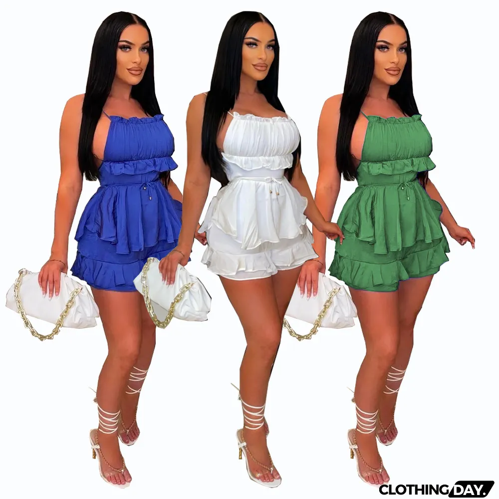 Women's Premium Solid Color Sling Low Back Ruffled Jumpsuit